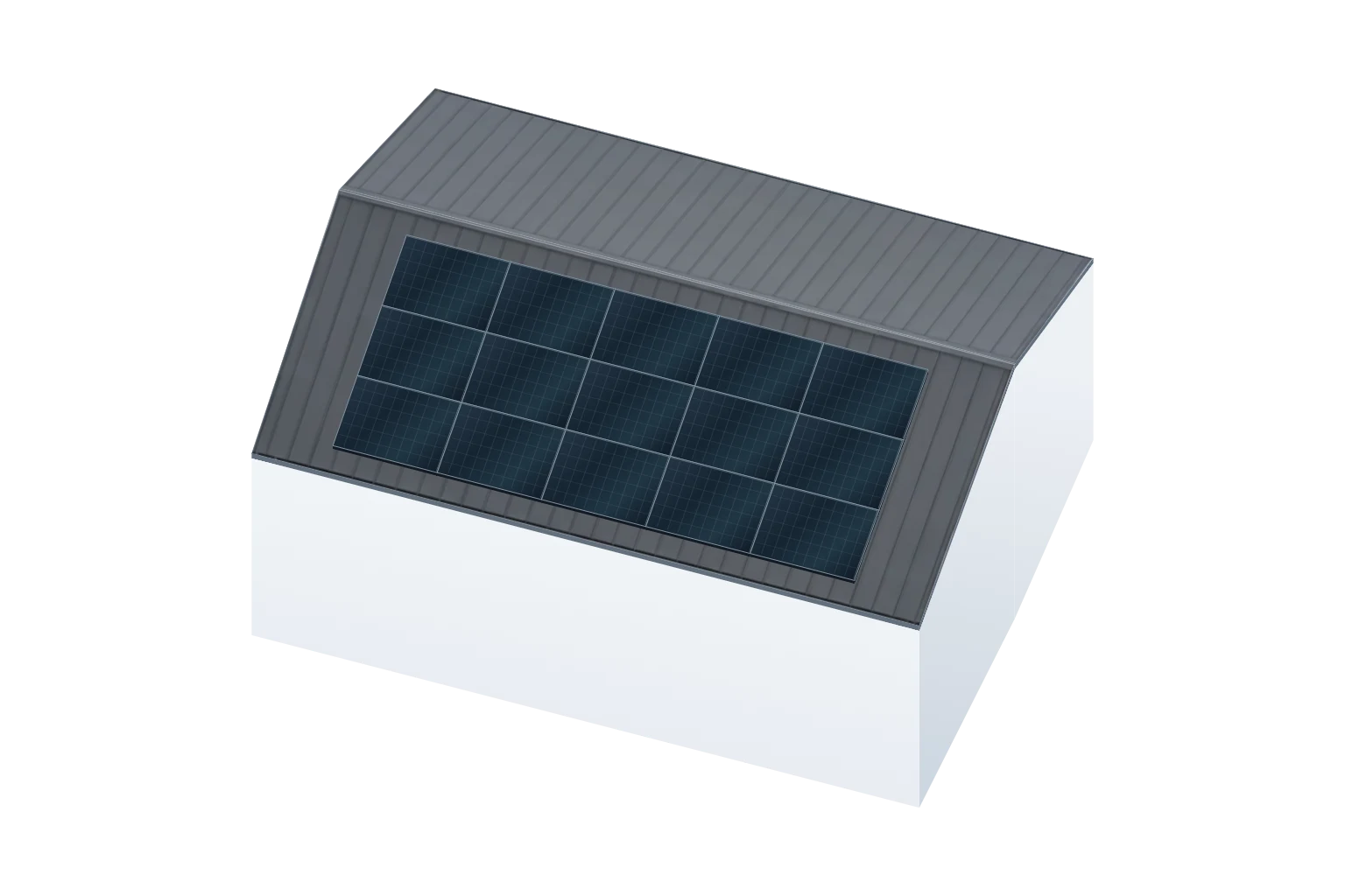 白い外壁、屋根、横向きの太陽光パネルを表現した建物の3Dイメージ